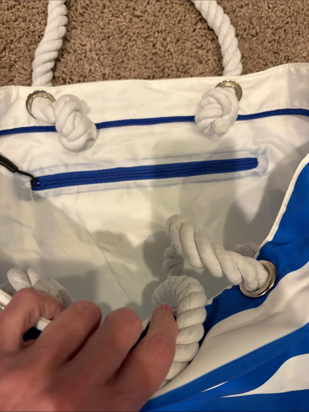 Striped Rope-Handle Tote Bag in Blue and White - Picture 5 of 6